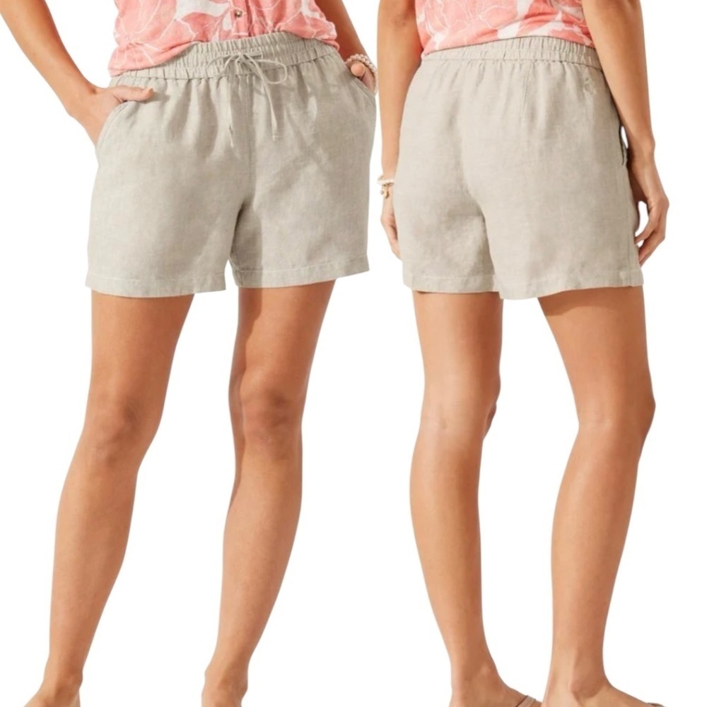 Tommy Bahama Beige High-Waist Linen-Blend Shorts